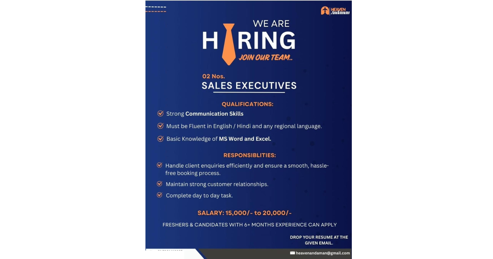 Sales Executive Positions Available at Heaven Andaman!