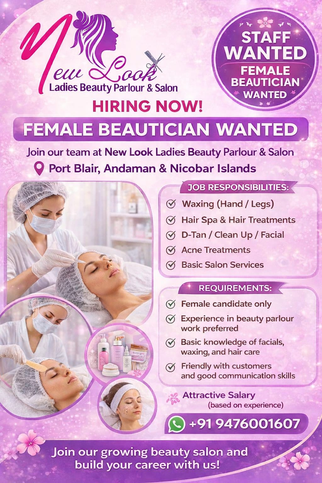 Female Beautician Wanted – New Look Ladies Beauty Parlour & Salon
