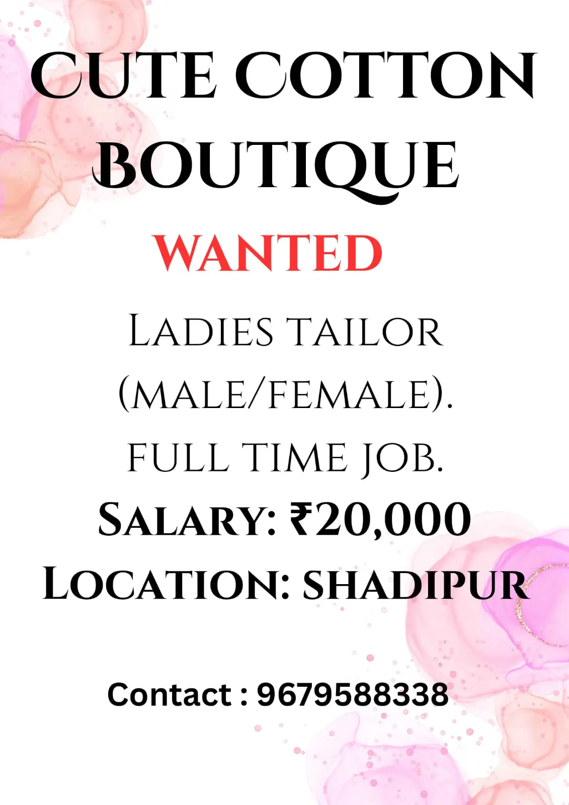 Tailor Job Vacancy in Shadipur, Port Blair – Cute Cotton Boutique