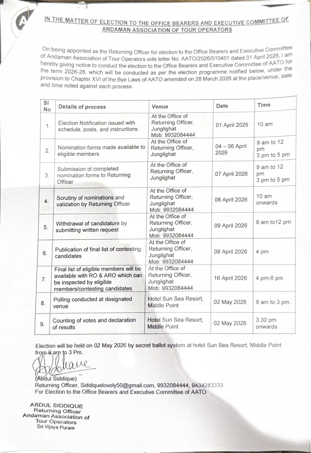 Election Notice for AATO Office Bearers & Executive Committee (2026–2028)