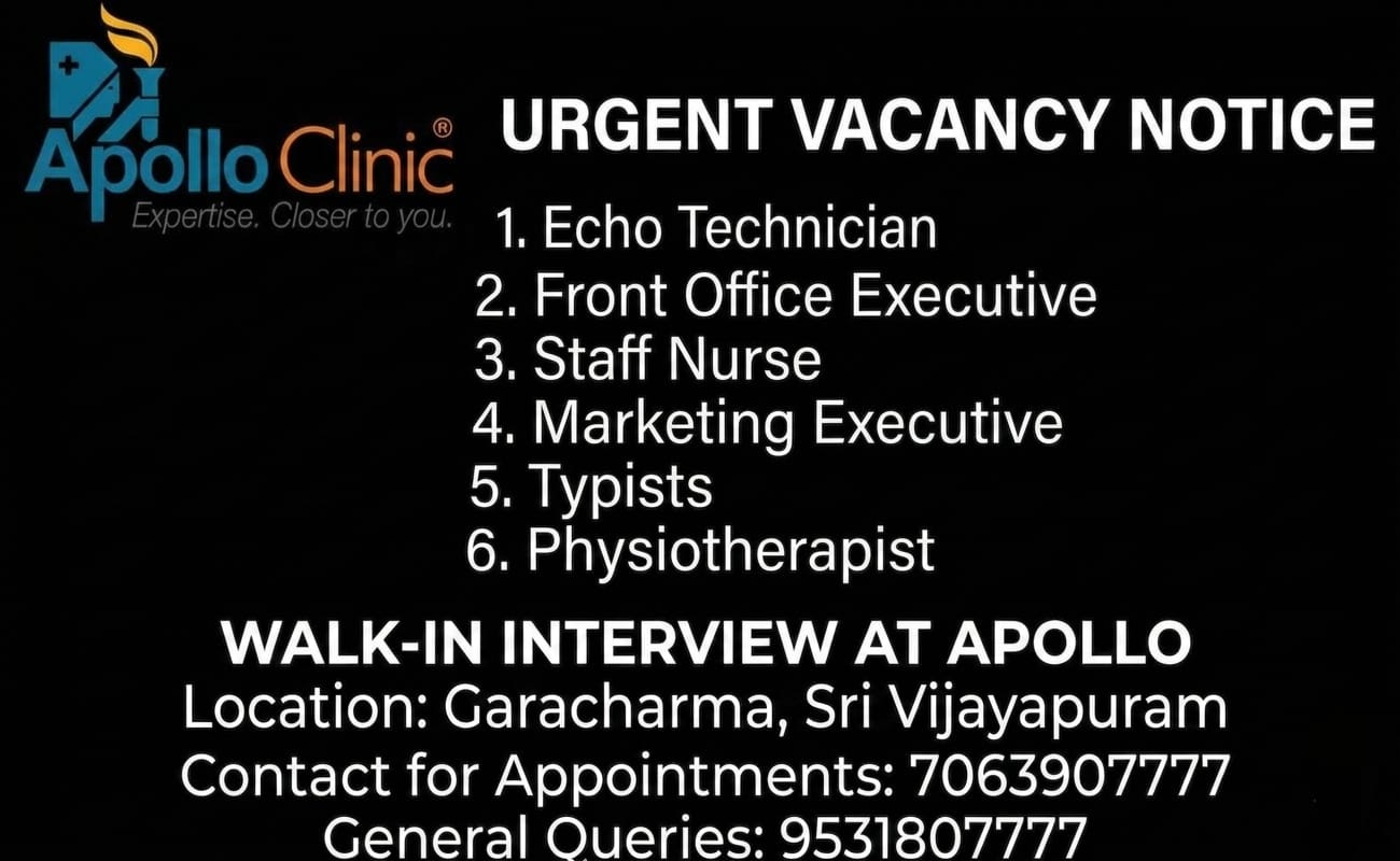 Apollo Clinic Garacharma Recruitment 2026 – Walk-in Interview for Multiple Vacancies