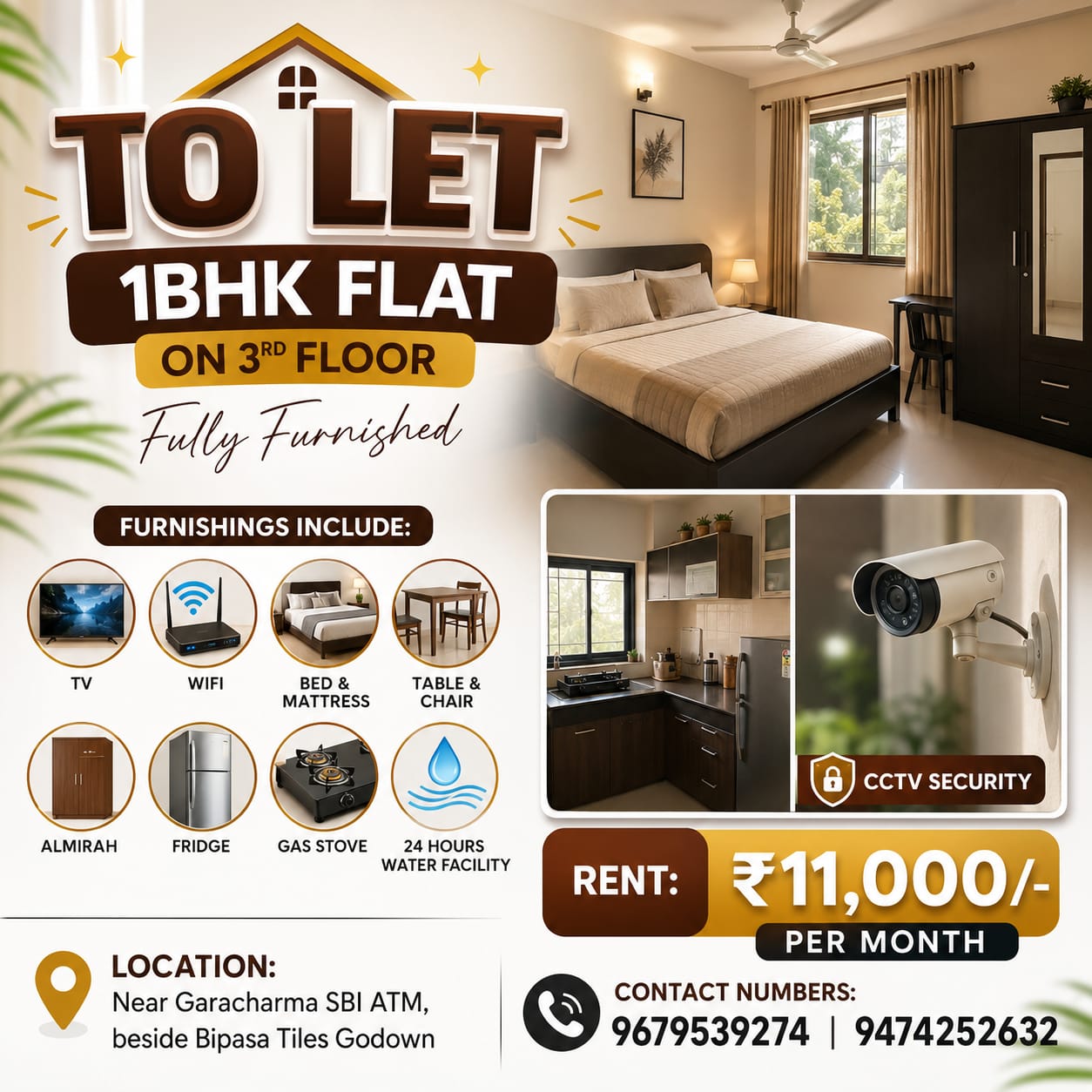 Fully Furnished 1BHK Flat for Rent in Garacharma, Port Blair – Near SBI ATM